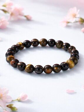 Tiger Eye Brown and Gold Beaded Stretch Bracelet - New